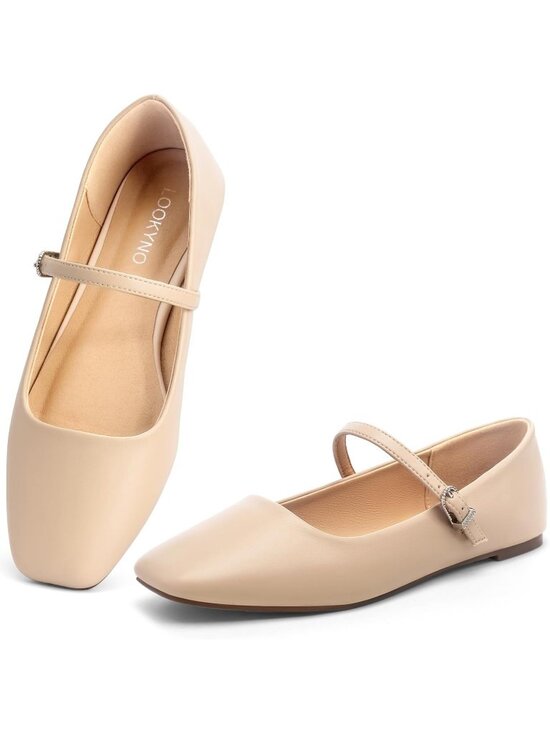 Shoes - Women's Nude Faux Leather Mary Jane Flats Adjustable Strap Square Toe Shoes